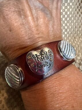 Snap Brown Leather Bracelet with Silver 'Family' Heart and Snap Accents